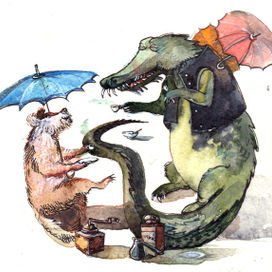 Крокодил пьёт кофий с собакой