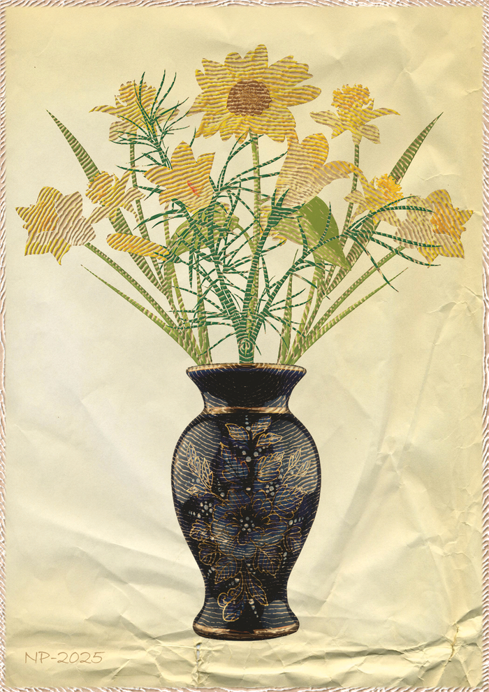 Черная ваза с желтыми цветами