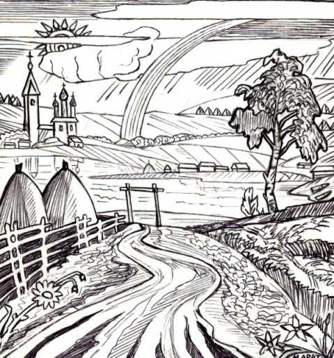 Иллюстрация для обложки сборника стихов Полины Рожновой "Дорога в родные края".Техника исполнения:Бумага,тушь. Художник:Марат Брызгалов. Книга издана в 2003 году.