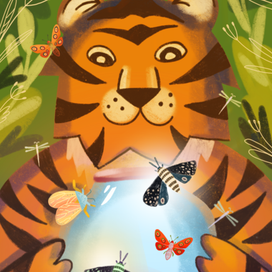Летний тигр с бабочками