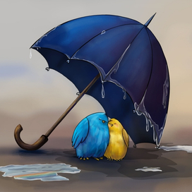 Birds in love under an umbrella