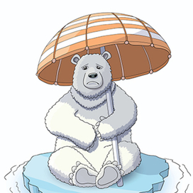 Голодный белый мишка пытается спасти тающую льдину