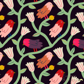 Декоративные птички на ветвях - бесшовный паттерн