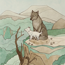 Белый Клык и Кичи. Иллюстрация к повести Д. Лондона "Белый Клык"