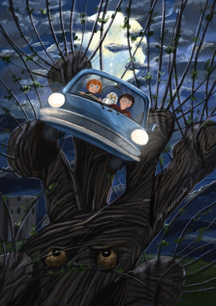 Гарри Поттер и Рон в летающей машине