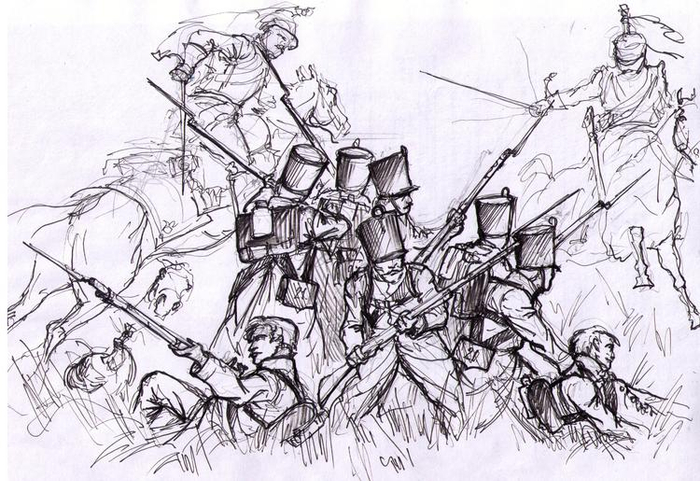 Эскиз. Русские егеря отбиваются от кирасир в битве при Тарутино.