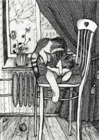 Кошка отдыхает на стуле у окна