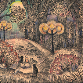 Два фонаря и луна освещают кошек в саду для чтения.