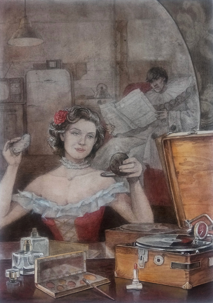 Иллюстрация для Анны Веневитиновой к рассказу "Пьеро и Коломбина. Кукольная рапсодия для патефона и плавленых сырков"