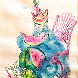 "Арбузный кот" бумага, акварель, темпера