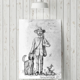 Графическая иллюстрация ковбоя -охотника с собакой и ружьем