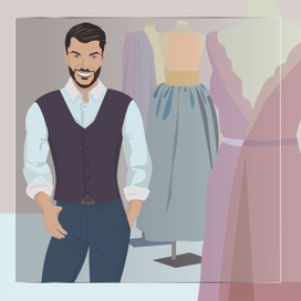 Персонаж стилист в студии с манекенами