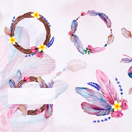 Акварельные рамочки с перьями