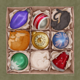 коробка с ёлочными игрушками и котиками