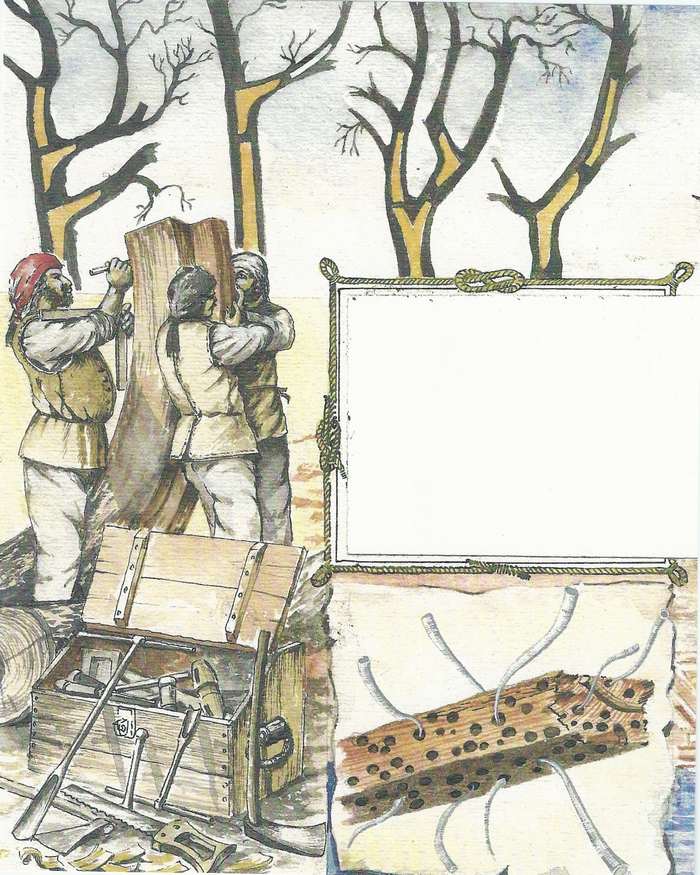 Так подбирали из частей дерева и изготавливали детали и части парусных кораблей. Внизу показано как проедал дерево кораблей морской червь.