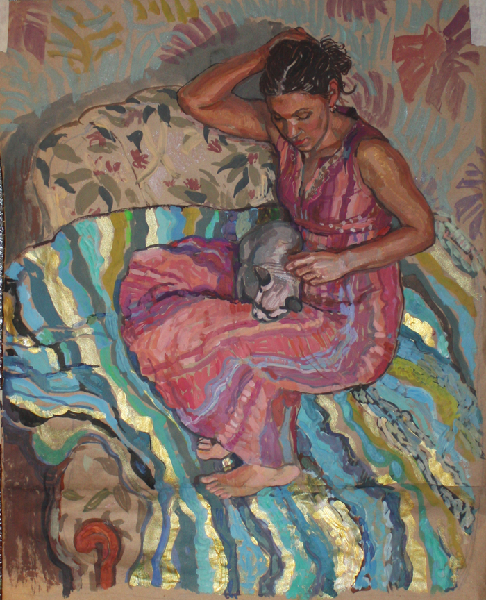 Сидящая девушка с кошкой