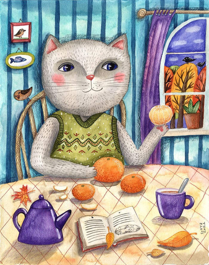 Кот с мандаринами