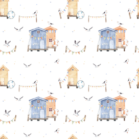 Морской принт с прибрежными домиками, чайками, флажками