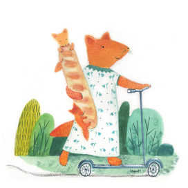 Лиса и багет с лисятами. Акварель.