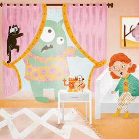 Детская книжная иллюстрация с девочкой и воображаемыми персонажами