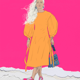 Сумка синяя, платье жёлтое