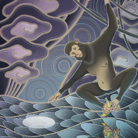 Обезьянка пытается дотянуться до отражения луны