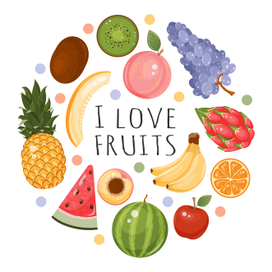 Фрукты в форме круга. Ананас, арбуз, дыня, виноград, киви, бананы. Векторная иллюстрация еды. 