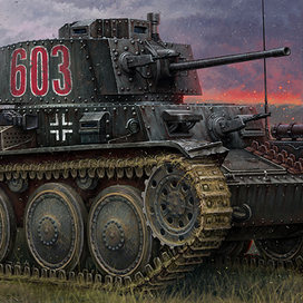 Фрагмент работы над  разворотом. Средний план, немецкий танк 38t.