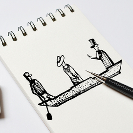 Графическая илюстрация в ретро стиле юные джентельмены и леди в лодке нарисованые черной гелевой ручкой