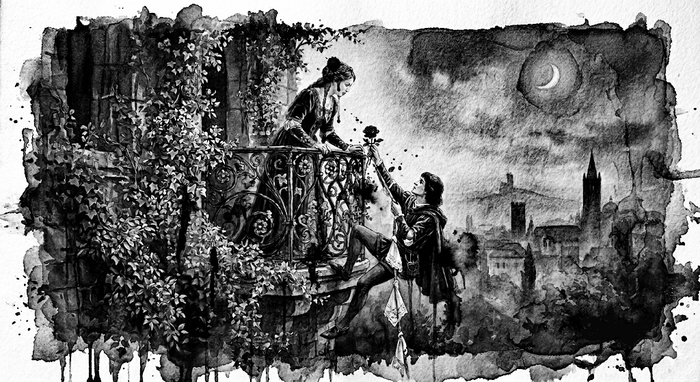 Ромео и Джульетта. Тушь, кисть, в технике отмывки тушью. 