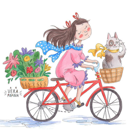 Девочка катается на велосипеде с котиком