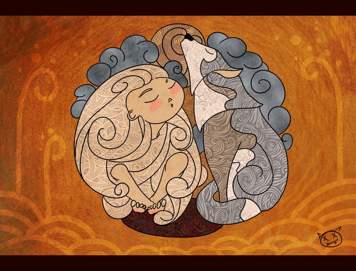 Девочка и собака воют на луну