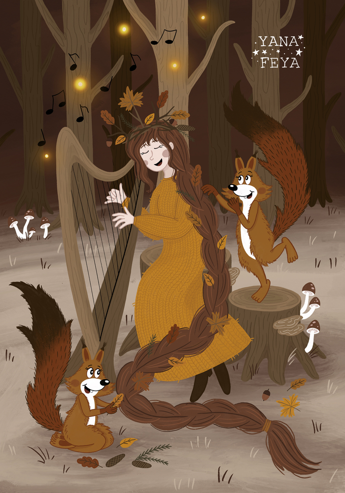 Девушка, которая играет на арфе и носит корону из лесных сокровищ