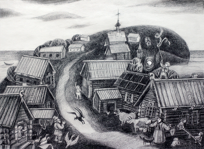  Вот в село он прибегает, мужиков к себе сзывает...