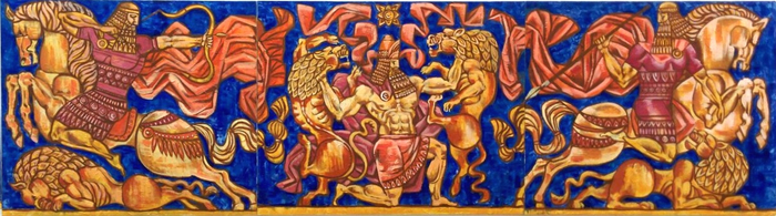 Триптих" Бой с дикими львами". 130х420 см, акрил, холст. 2016 г.