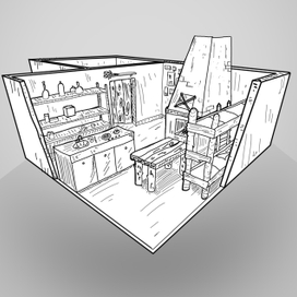 Интерьер дом изнутри комната камин стол стул кровать дверь 