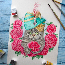 Кот в тюрбане с розами