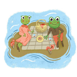 Детская иллюстрация антропоморфных лягушек 