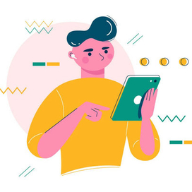 Парень использует гаджет планшет