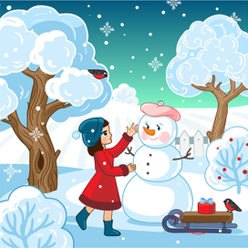 Детская иллюстрация. Зима. Векторная иллюстрация. Ферма