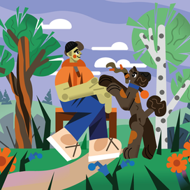 Boy and poodle in the wood