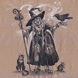 Ведьма и её фамильяры-компаньоны.