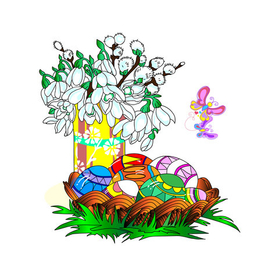 Пасхальные яйца в корзинке.