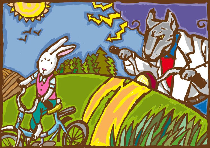 волк гонится за зайцем.