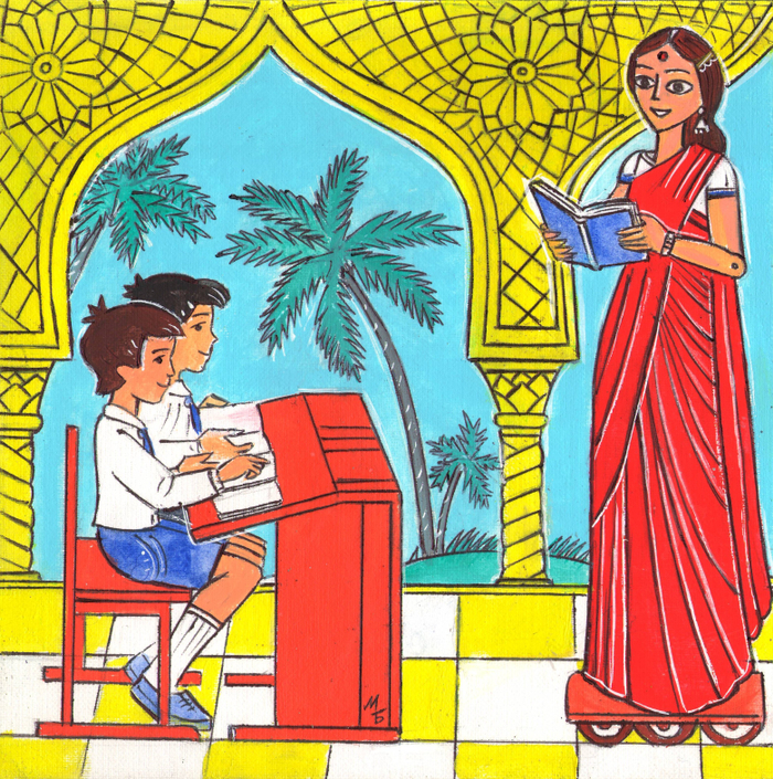 Иллюстрация для детского журнала "А почему?".Рубрика"Со всего света".Тема:Робот учительница из Индии. Техника:Бумага, акрил,гуашь,тушь. Художник:Марат Брызгалов.