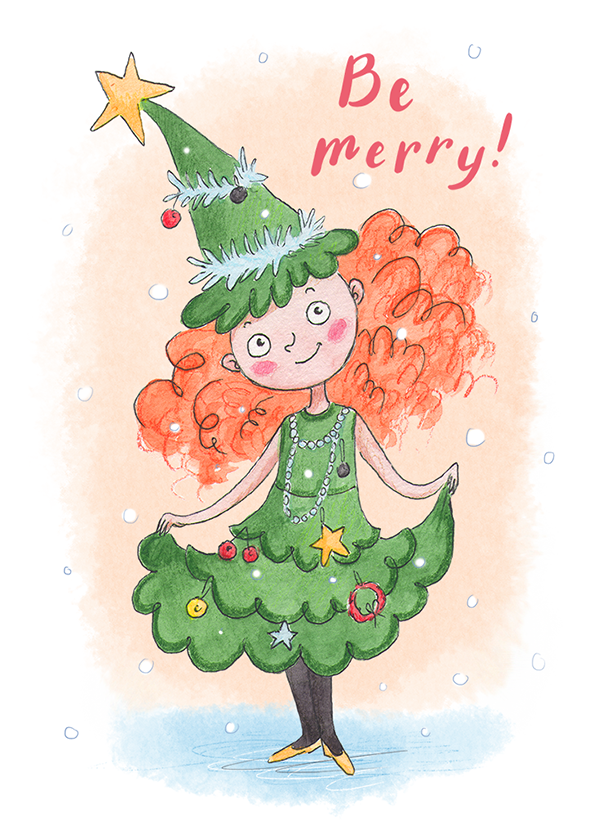 Новогодняя открытка с девочкой елочкой