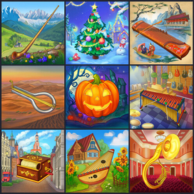 Иллюстрации с музыкальными инструментами для детского приложения.