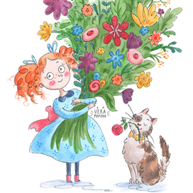 Открытка к 8 марта девочка с букетом цветов и котиком
