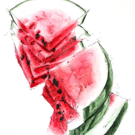 Watermelon, ink and watercolor, drawn by handАрбуз, акварель