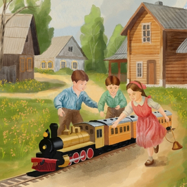 Дети играют в игрушечный поезд